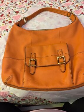 Fossil Orange Leather Hobo Bag with Front Buckle Pocket GUC